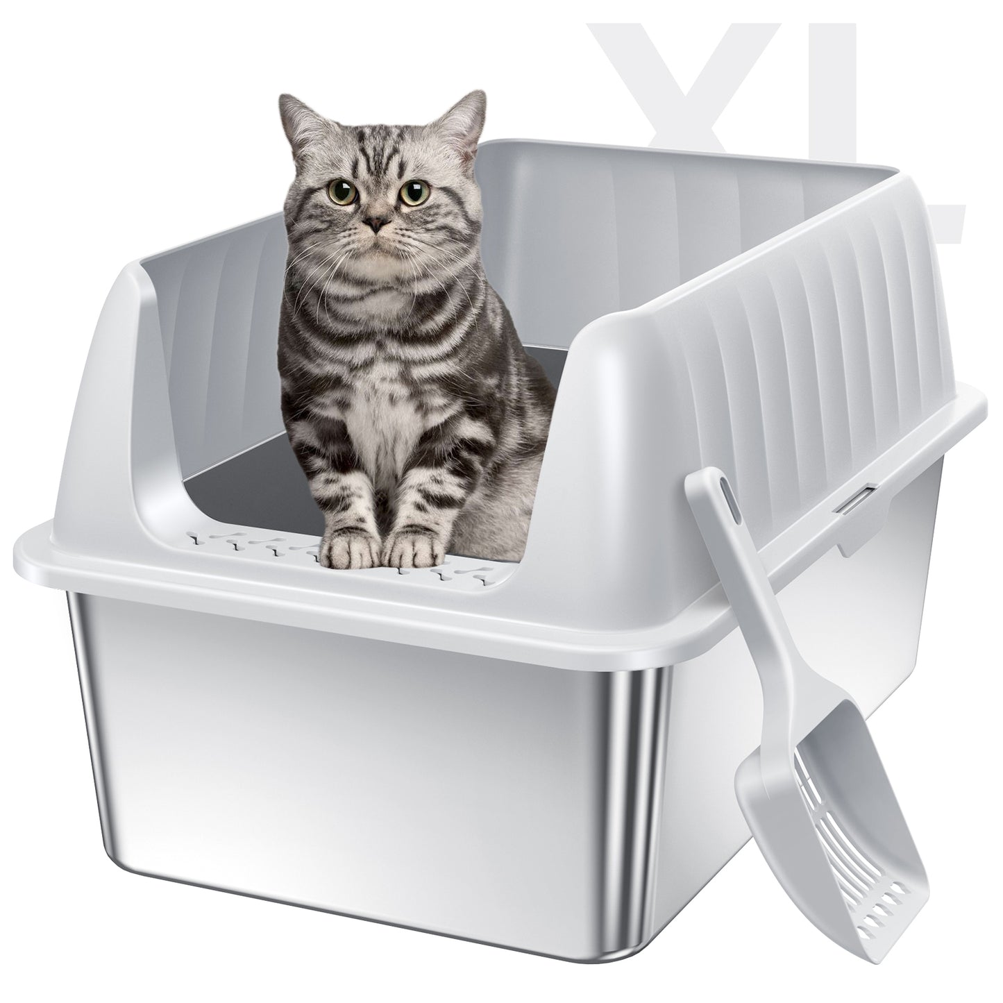 Stainless Steel Litter Box with Lid, Extra Large Cat Litter Box Metal Litter Box Pan with Scoop for Cats High Sided, Non-Sticky, Anti-Urine Leakage, Easy Cleaning