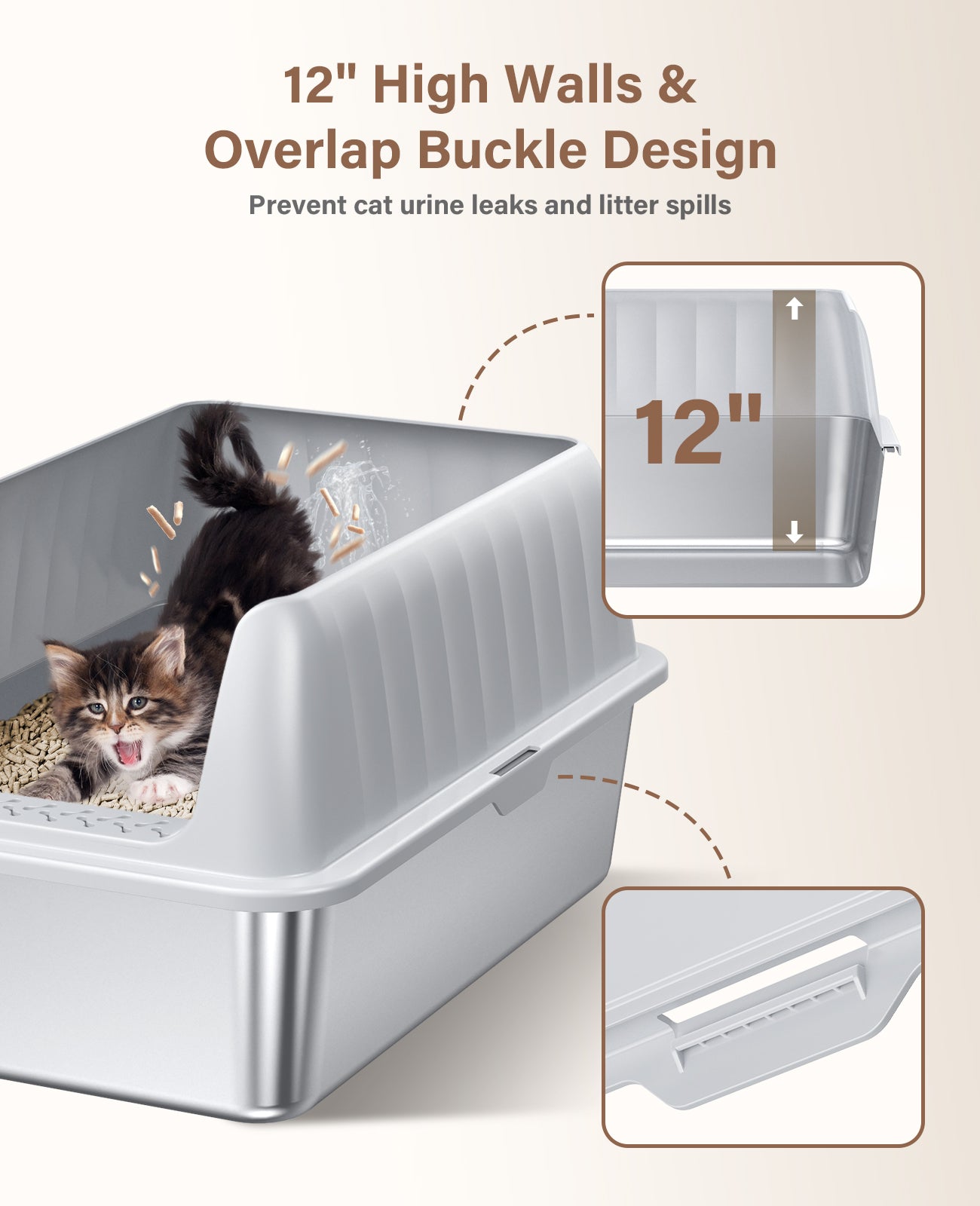 Stainless Steel Litter Box with Lid, Extra Large Cat Litter Box Metal Litter Box Pan with Scoop for Cats High Sided, Non-Sticky, Anti-Urine Leakage, Easy Cleaning