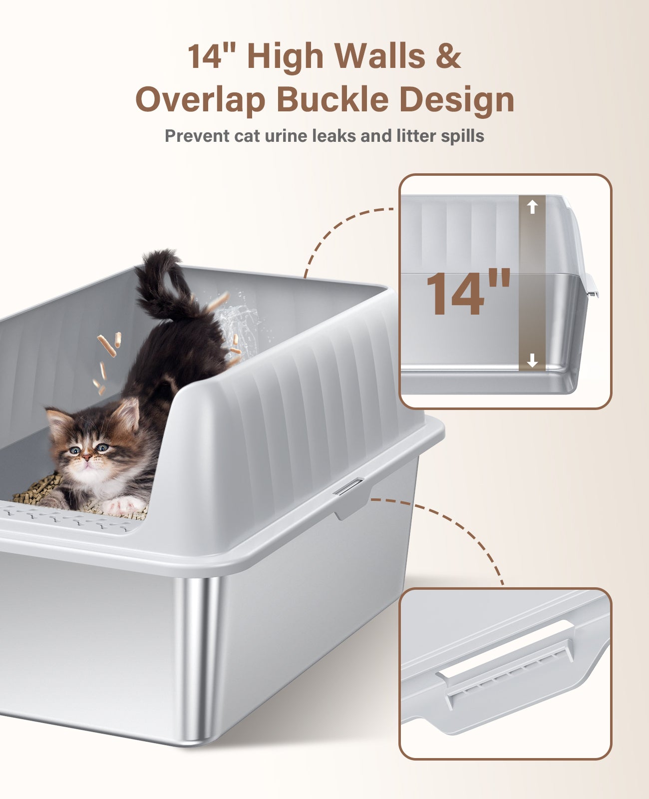 Stainless Steel Litter Box with Lid, Extra Large Cat Litter Box Metal Litter Box Pan with Scoop for Cats High Sided, Non-Sticky, Anti-Urine Leakage, Easy Cleaning