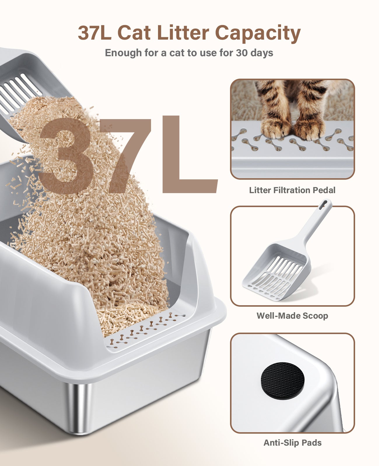 Stainless Steel Litter Box with Lid, Extra Large Cat Litter Box Metal Litter Box Pan with Scoop for Cats High Sided, Non-Sticky, Anti-Urine Leakage, Easy Cleaning