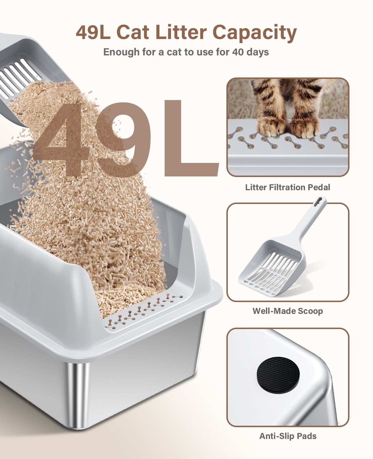 Stainless Steel Litter Box with Lid, Extra Large Cat Litter Box Metal Litter Box Pan with Scoop for Cats High Sided, Non-Sticky, Anti-Urine Leakage, Easy Cleaning