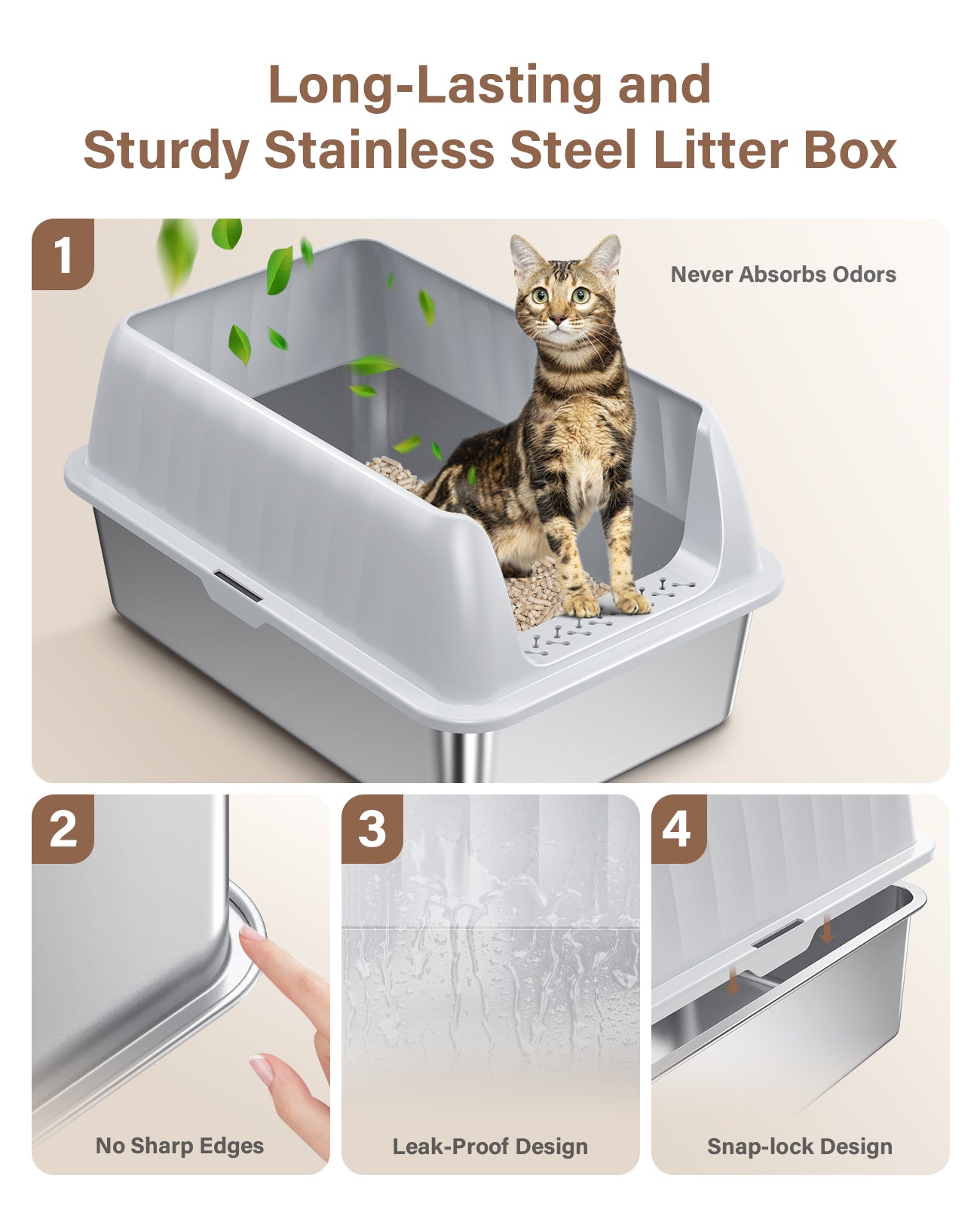 Stainless Steel Litter Box with Lid, Extra Large Cat Litter Box Metal Litter Box Pan with Scoop for Cats High Sided, Non-Sticky, Anti-Urine Leakage, Easy Cleaning