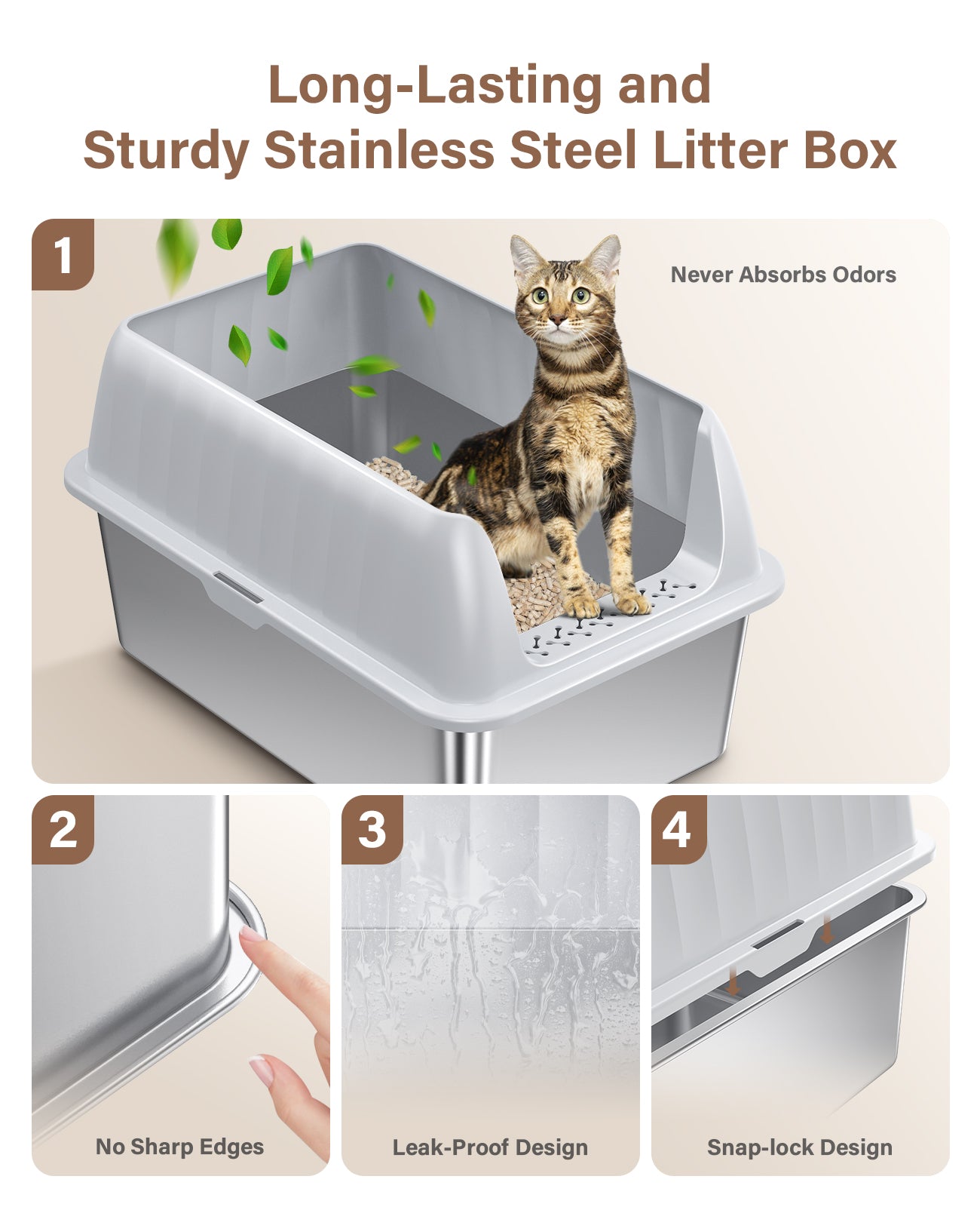 Stainless Steel Litter Box with Lid, Extra Large Cat Litter Box Metal Litter Box Pan with Scoop for Cats High Sided, Non-Sticky, Anti-Urine Leakage, Easy Cleaning