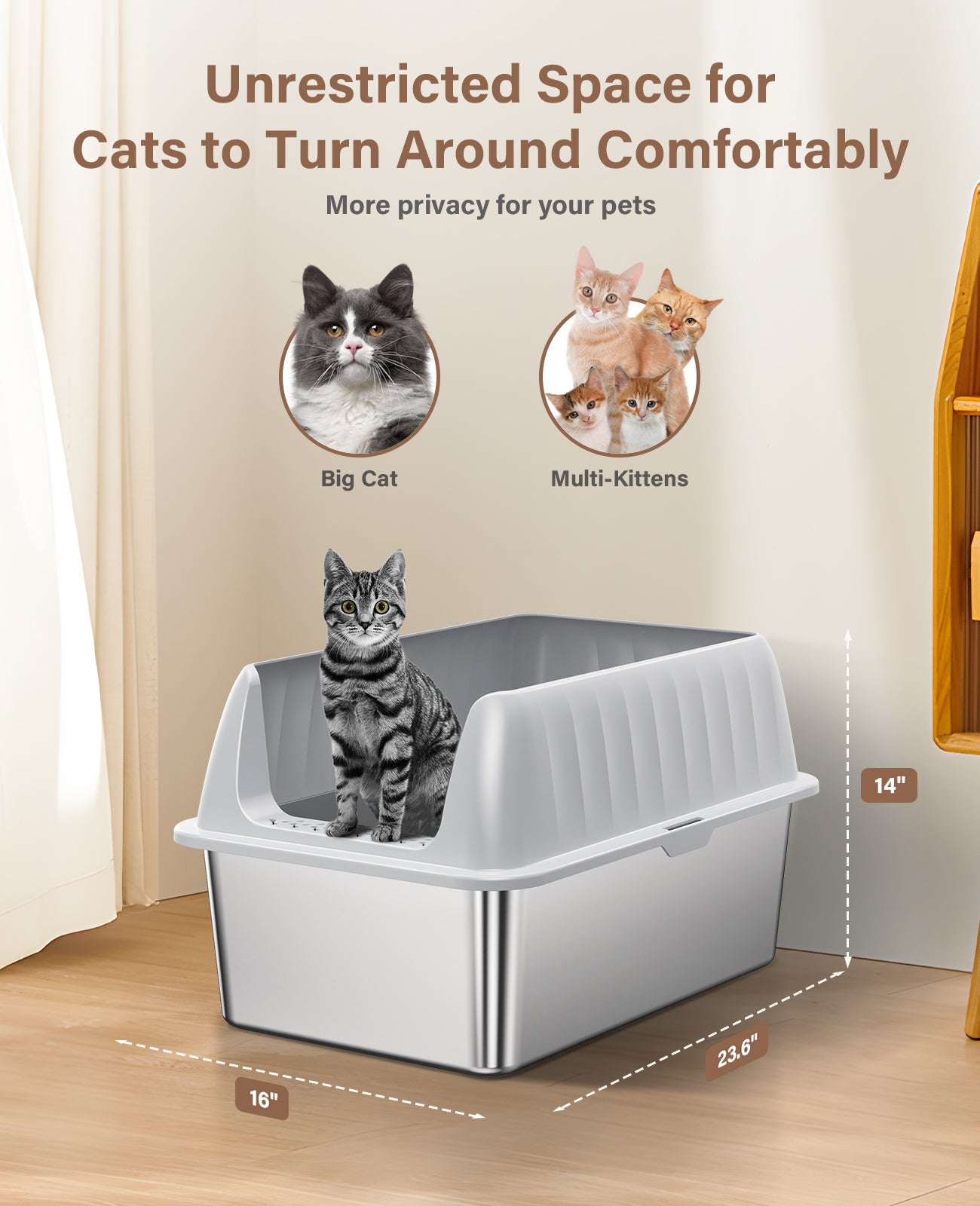 Stainless Steel Litter Box with Lid, Extra Large Cat Litter Box Metal Litter Box Pan with Scoop for Cats High Sided, Non-Sticky, Anti-Urine Leakage, Easy Cleaning