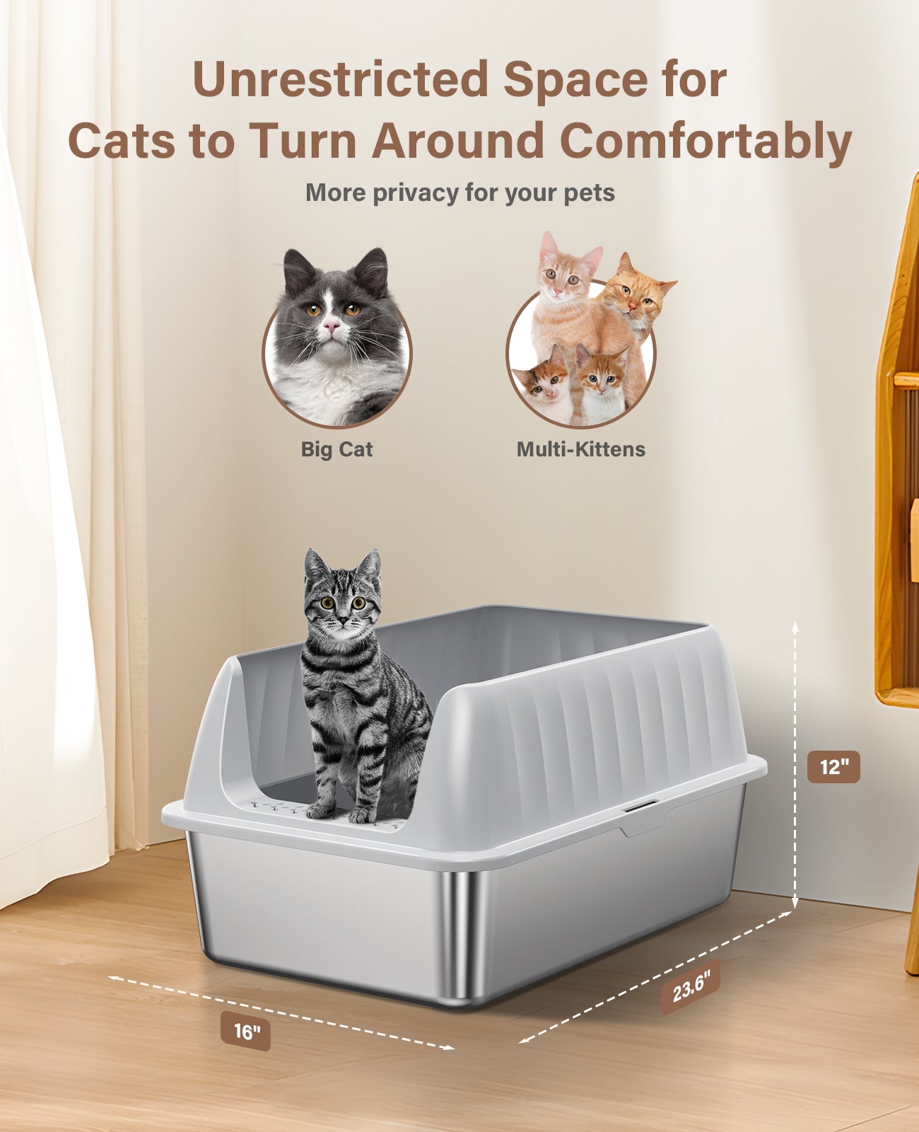 Stainless Steel Litter Box with Lid, Extra Large Cat Litter Box Metal Litter Box Pan with Scoop for Cats High Sided, Non-Sticky, Anti-Urine Leakage, Easy Cleaning