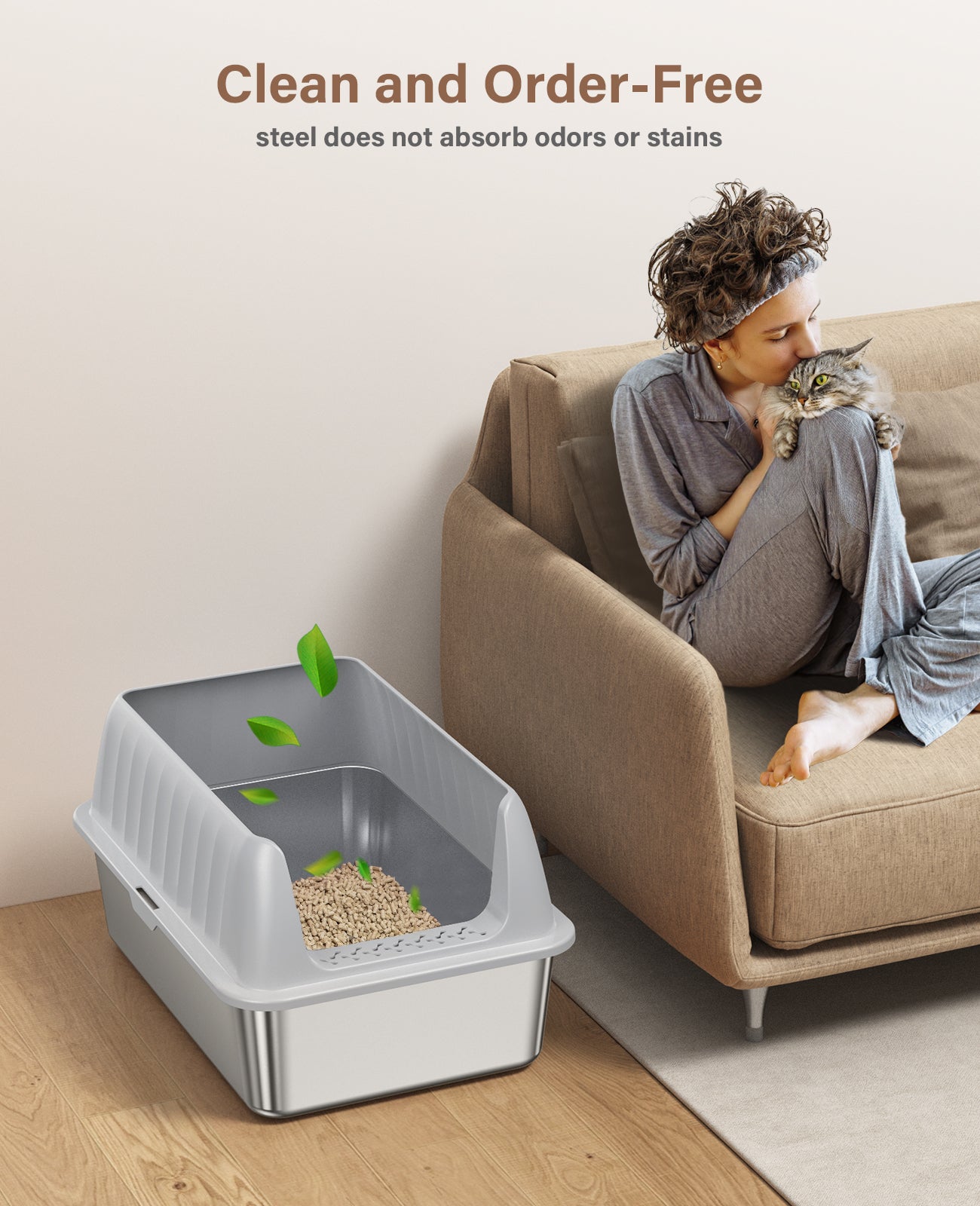 Stainless Steel Litter Box with Lid, Extra Large Cat Litter Box Metal Litter Box Pan with Scoop for Cats High Sided, Non-Sticky, Anti-Urine Leakage, Easy Cleaning