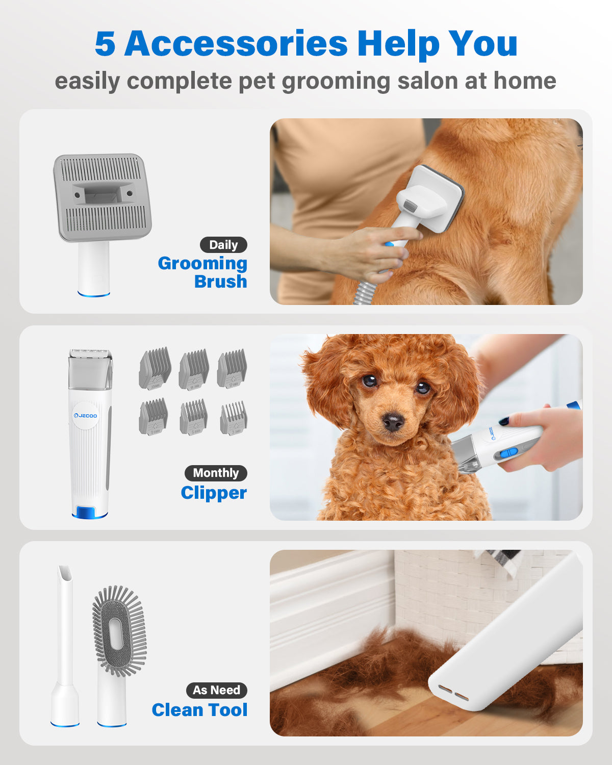 Jecoo Dog Grooming Kit & Dog Hair Vacuum with Clippers and Brush