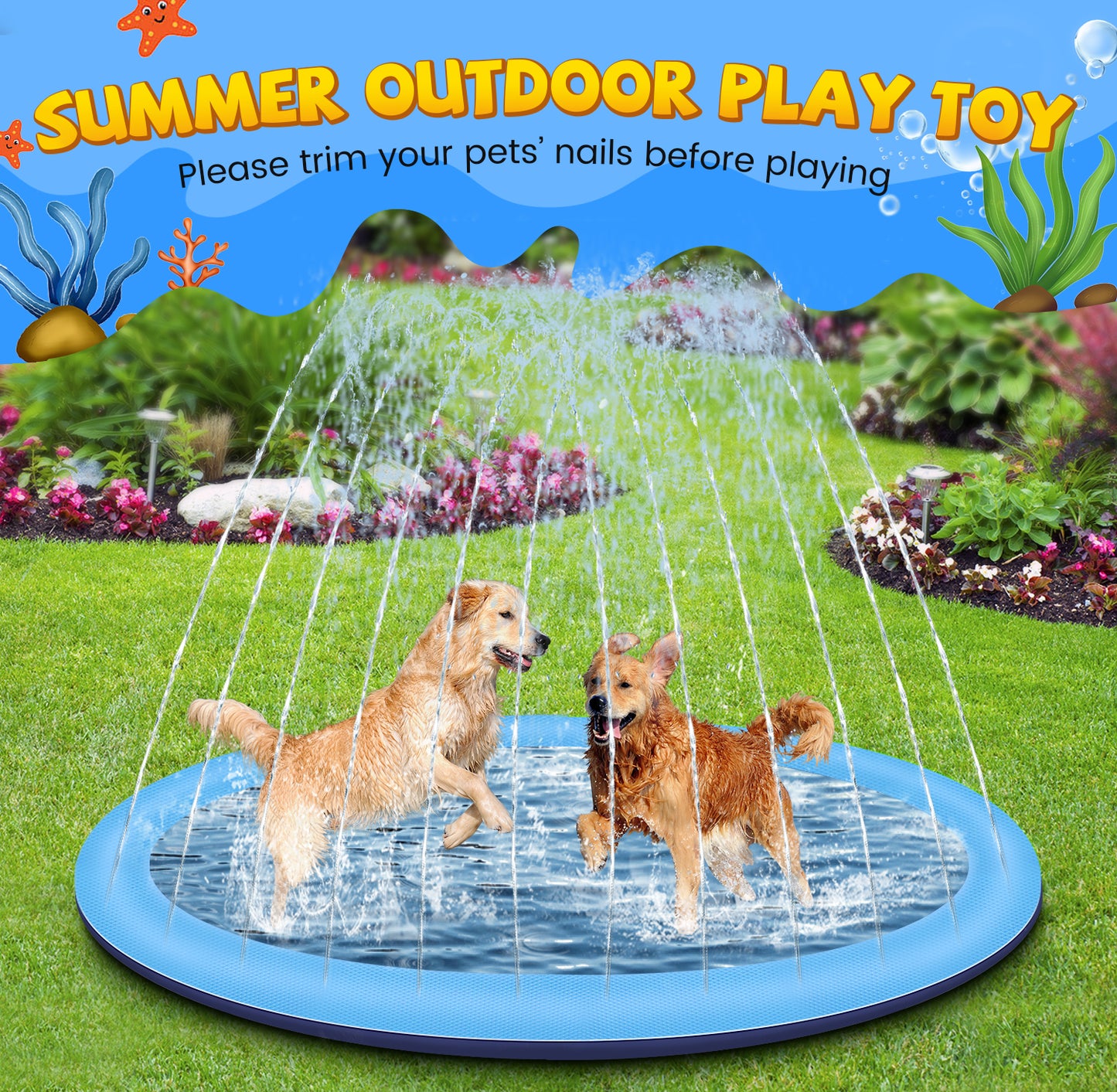 Jecoo Splash Pad for Kids and Dog, Non Slip Thicken Sprinkler Dog Pool Summer Outdoor Water Toys for Backyard