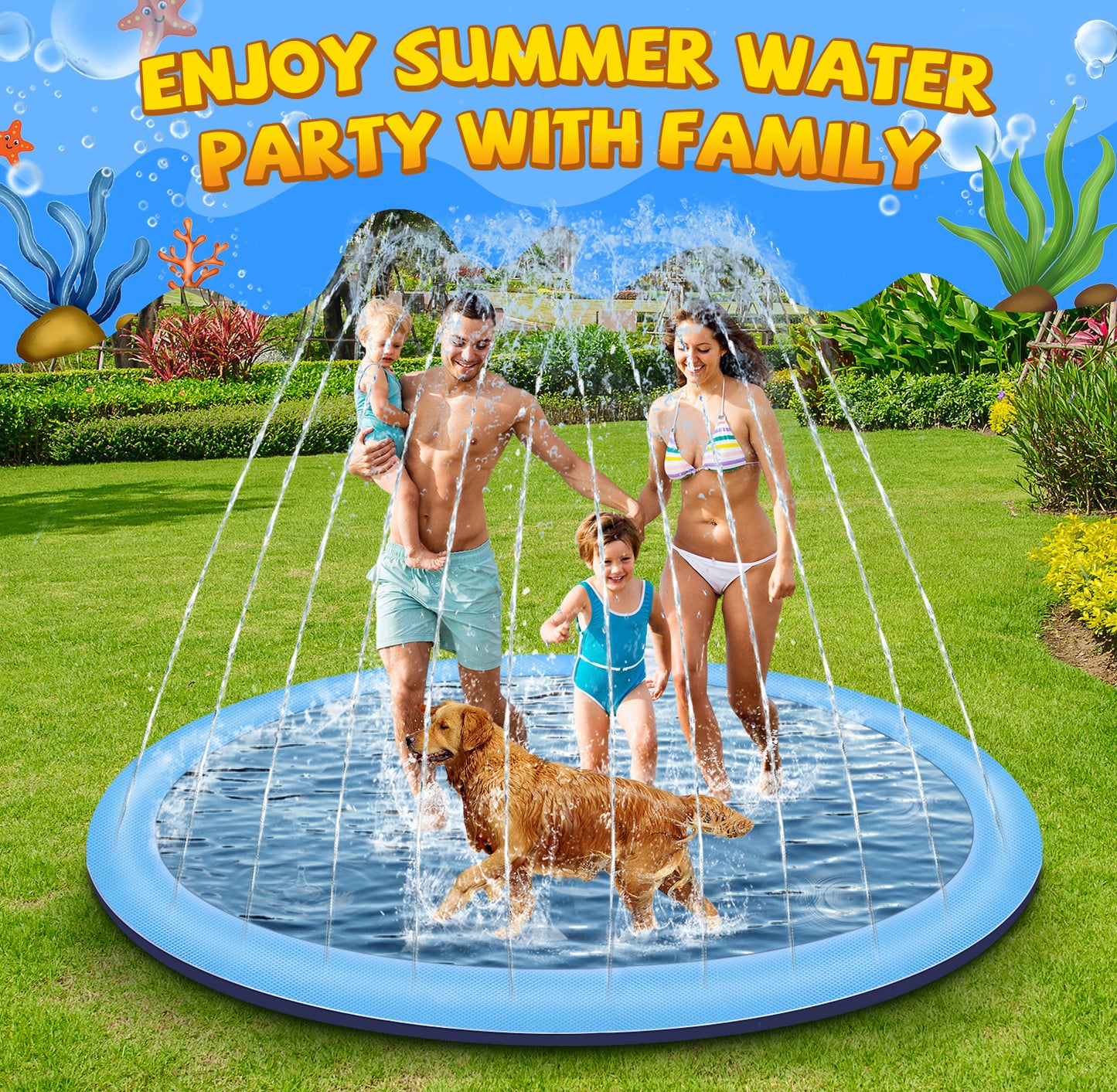 Jecoo Splash Pad for Kids and Dog, Non Slip Thicken Sprinkler Dog Pool Summer Outdoor Water Toys for Backyard