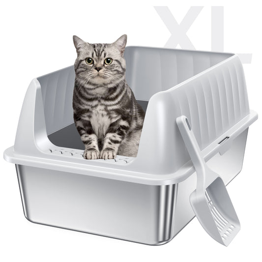 Stainless Steel Litter Box with Lid, Extra Large Cat Litter Box Metal Litter Box Pan with Scoop for Cats High Sided, Non-Sticky, Anti-Urine Leakage, Easy Cleaning