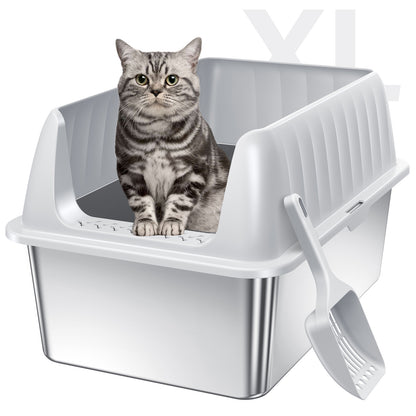 Stainless Steel Litter Box with Lid, Extra Large Cat Litter Box Metal Litter Box Pan with Scoop for Cats High Sided, Non-Sticky, Anti-Urine Leakage, Easy Cleaning