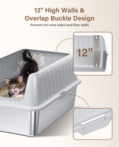 Stainless Steel Litter Box with Lid, Extra Large Cat Litter Box Metal Litter Box Pan with Scoop for Cats High Sided, Non-Sticky, Anti-Urine Leakage, Easy Cleaning
