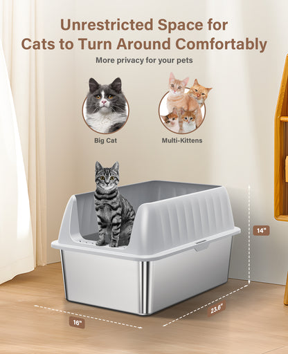 Stainless Steel Litter Box with Lid, Extra Large Cat Litter Box Metal Litter Box Pan with Scoop for Cats High Sided, Non-Sticky, Anti-Urine Leakage, Easy Cleaning