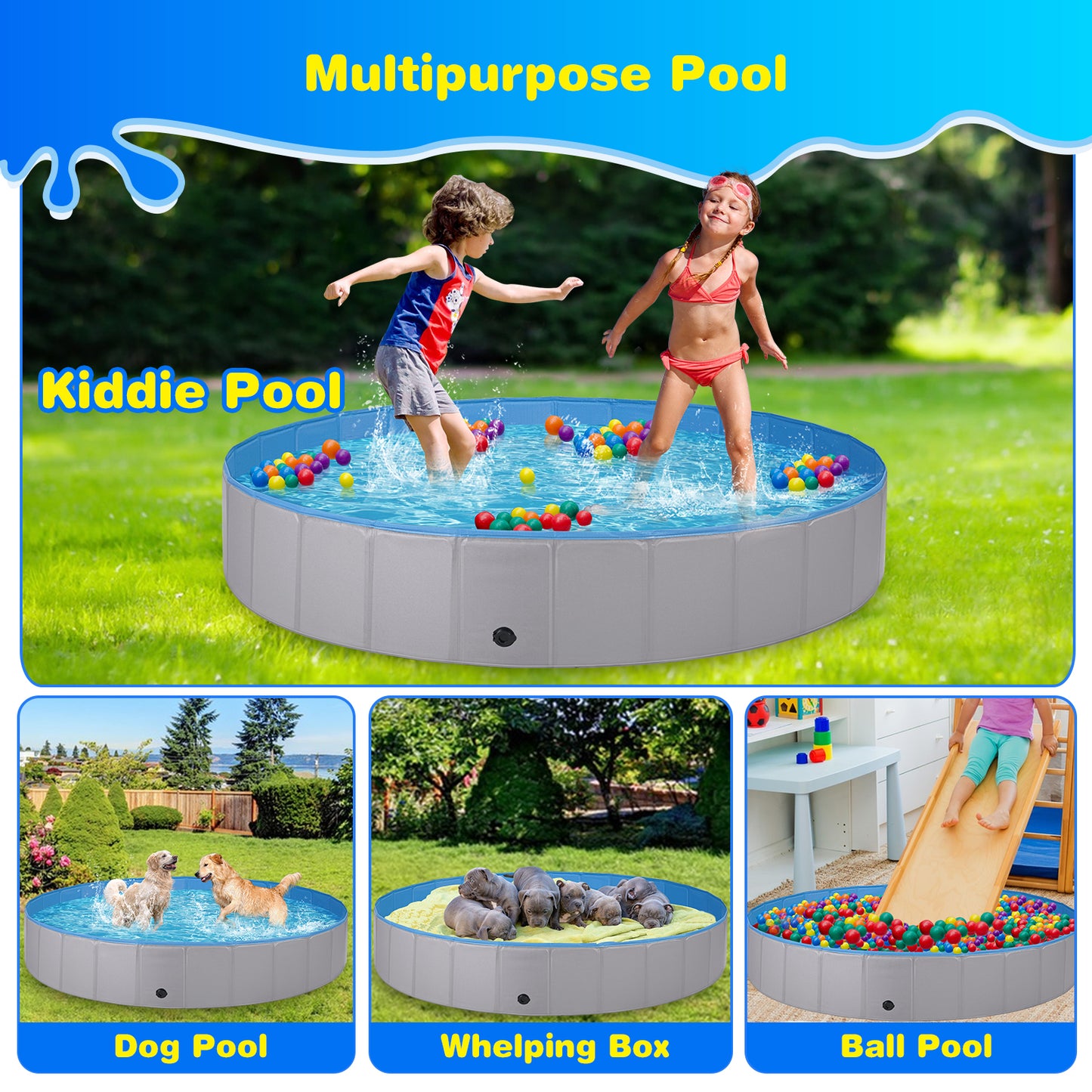 Jecoo Dog Pool for Large Dogs Foldable Kiddie Pool Hard Plastic